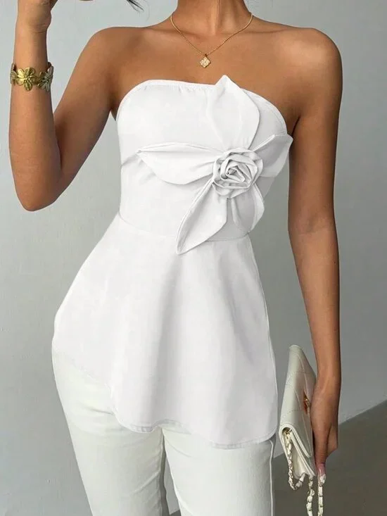 White Casual Women's Elegant 3d Floral Asymmetrical Hem Tube Top - Picture 4 of 7
